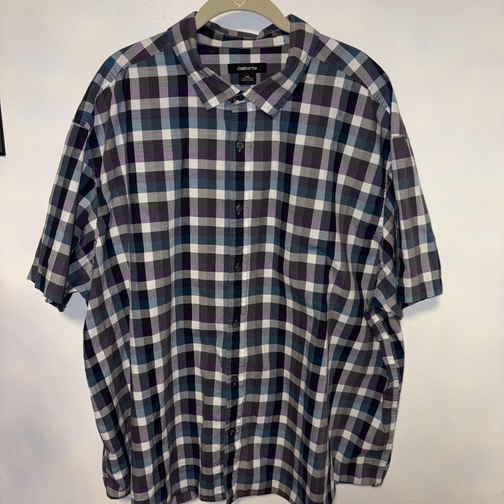 Claiborne Men's Cotton Short Sleeve Button-Down Shirt Purple Check sz 3XL‎